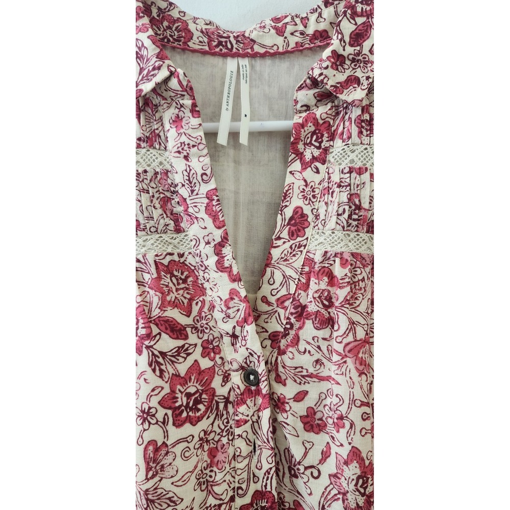 Anthropologie Red Floral Tiered Cotton Mini Dress Lace Trim Boho Womens Medium - Picture 4 of 11